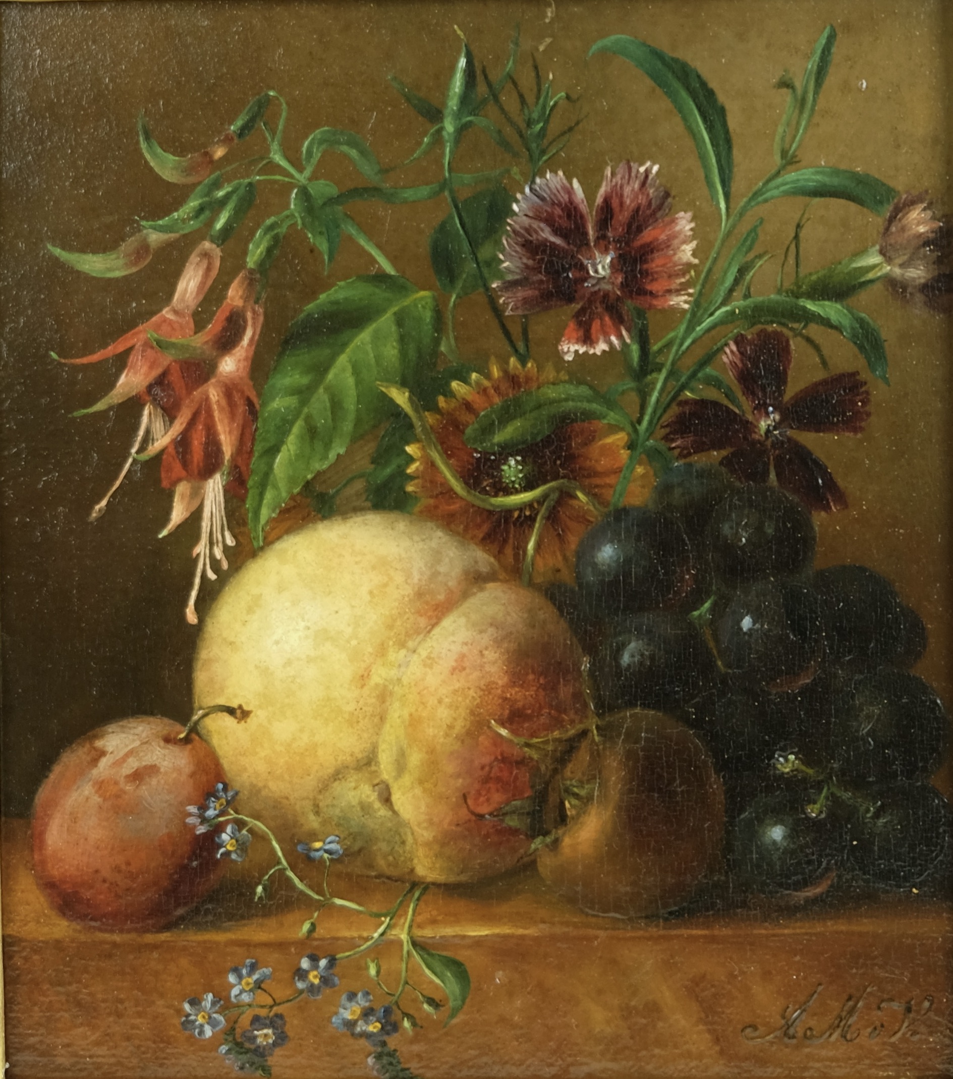 Anna Maria van Veeren 1806-1890 - Fruit and flower still-life on a marble ledge - Oil on panel - Detail