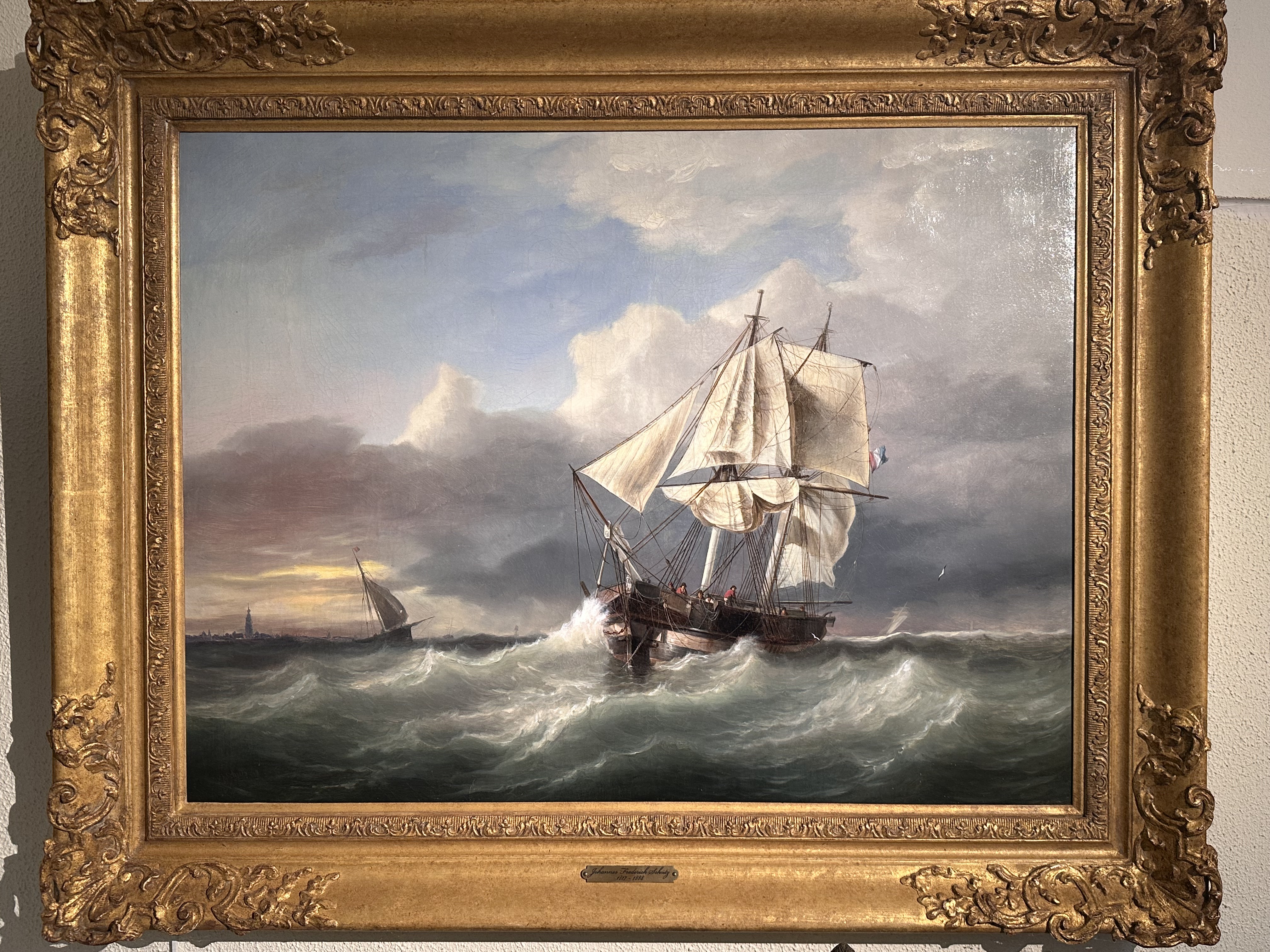 Johannes Frederick Schutz 1817-1888 - Raising the anchor, shipping on a choppy sea - oil on canvas - Detail