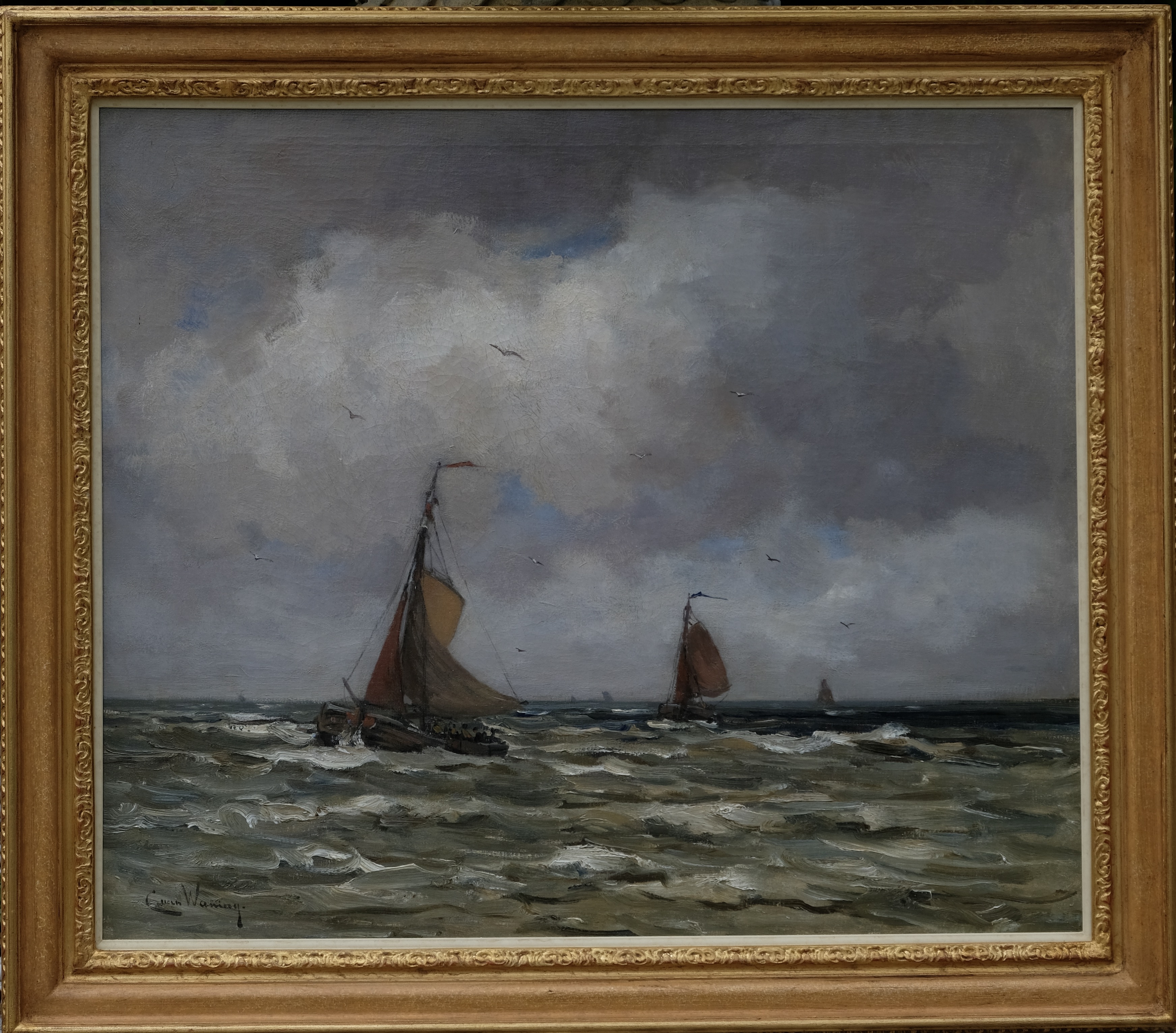 Cees van Waning 1861-1929  - Bomschuiten at the Dutch coast - Oil on canvas - Detail