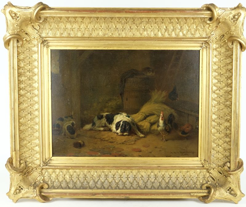 Arie Ketting de Koning 1857 - A stable with mother watching over her puppies., Oil on panel