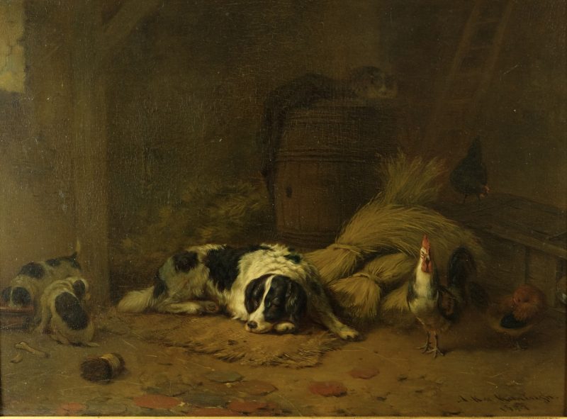 Arie Ketting de Koning 1857 - A stable with mother watching over her puppies., Oil on panel - detail 1