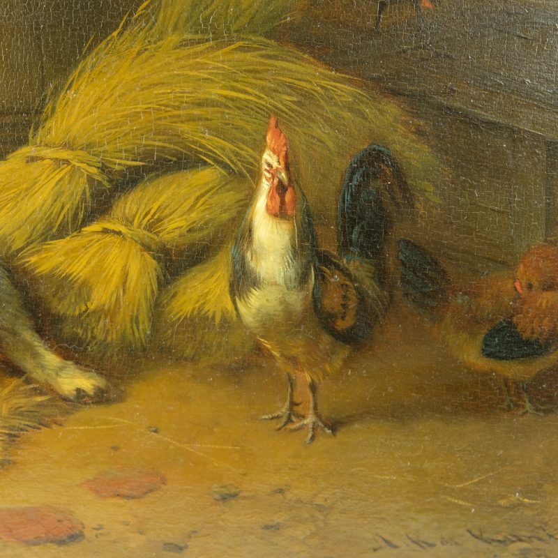 Arie Ketting de Koning 1857 - A stable with mother watching over her puppies., Oil on panel - detail 3