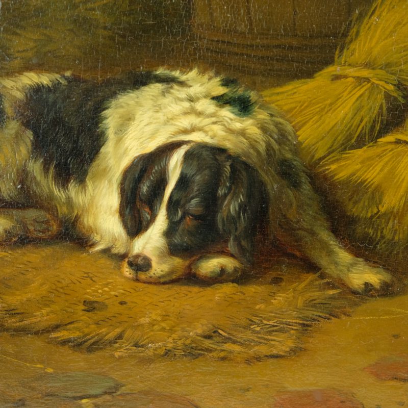 Arie Ketting de Koning 1857 - A stable with mother watching over her puppies., Oil on panel - detail 4