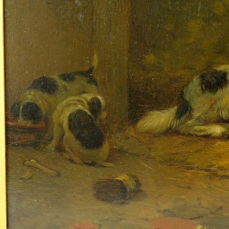 Arie Ketting de Koning 1857 - A stable with mother watching over her puppies., Oil on panel - detail 5