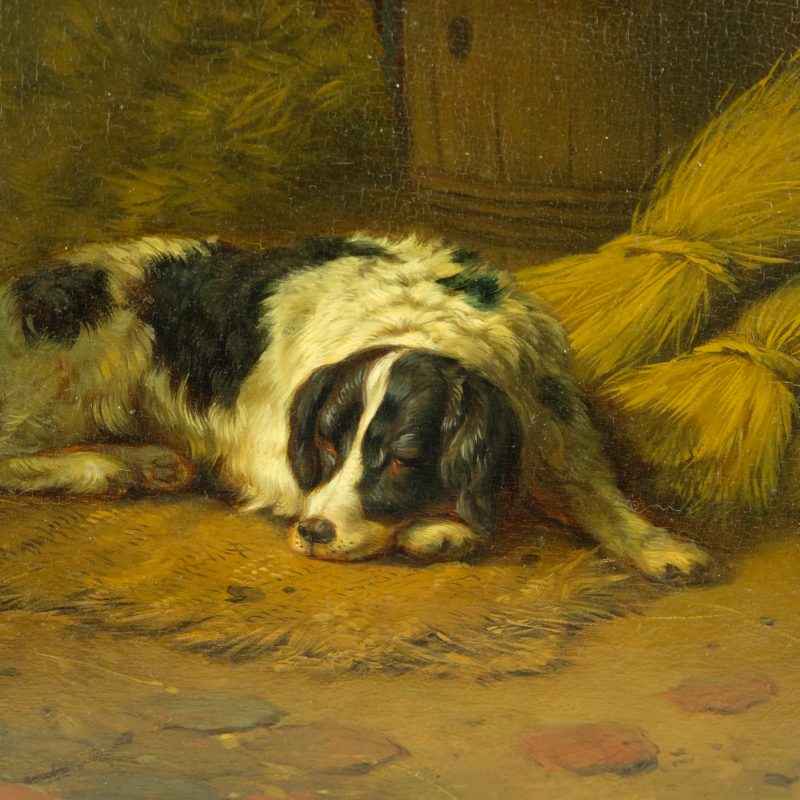 Arie Ketting de Koning 1857 - A stable with mother watching over her puppies., Oil on panel - detail 6