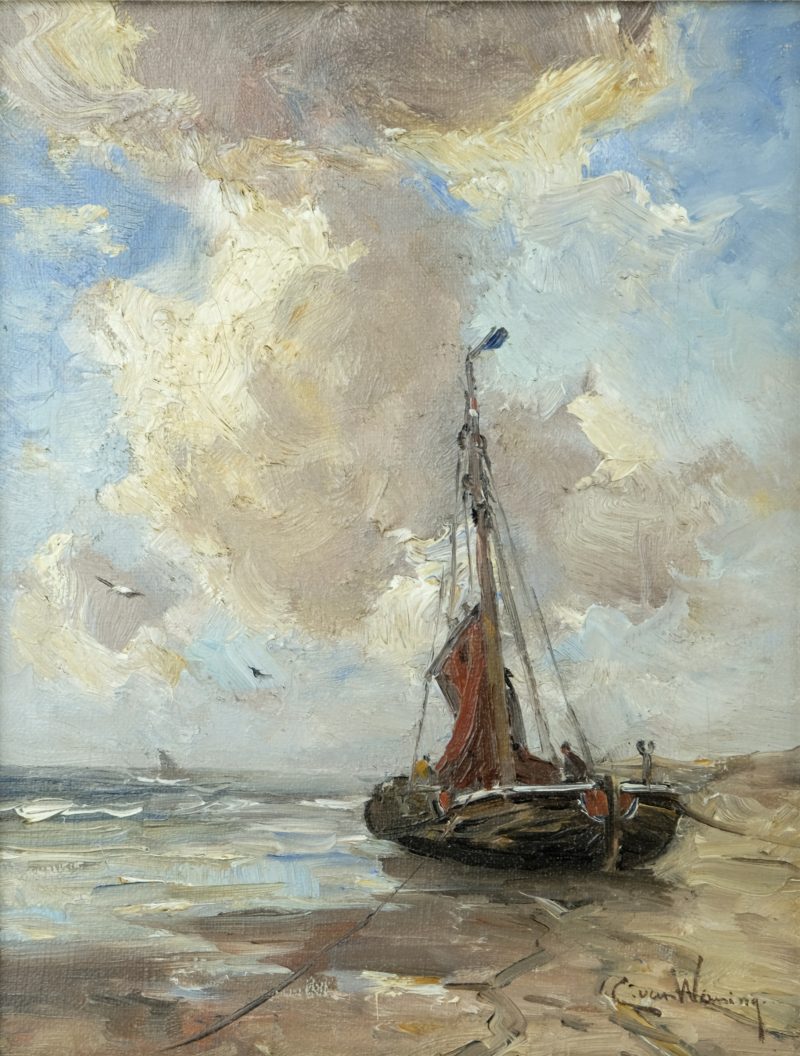Cees van Waning 1861-1929 - Bomschuit on the beach, oil on canvas