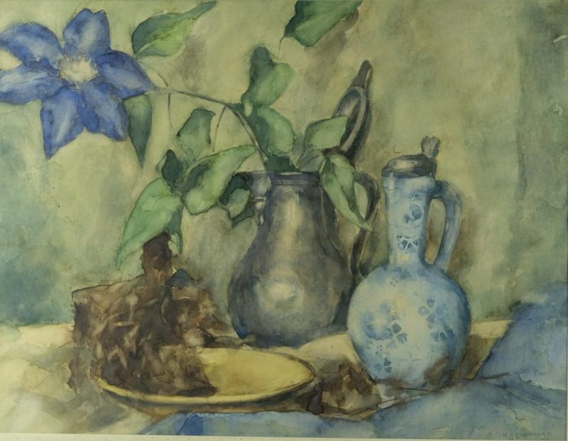 M.G.Glansdorp B. Rotterdam 1913 - Stillife with Iris and Delft ewer, watercolor on paper