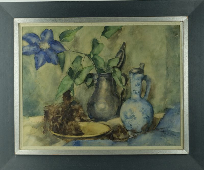 M.G.Glansdorp B. Rotterdam 1913 - Stillife with Iris and Delft ewer, watercolor on paper - detail 2