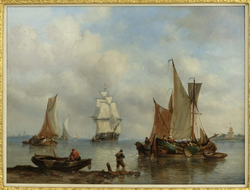 G.W. Opdenhoff 1807-1873 - Shipping on a calm sea, Oil on panel