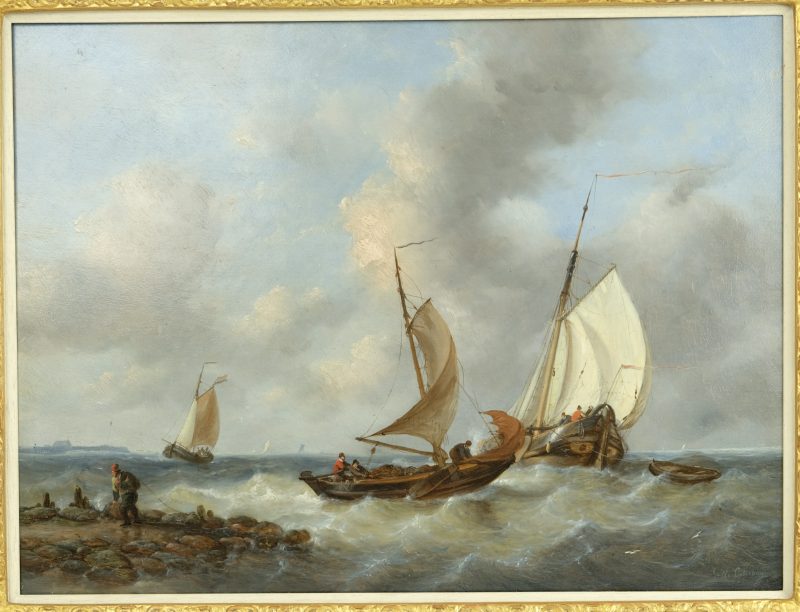 G.W. Opdenhoff 1807-1873 - Shipping on a choppy sea, Oil on panel