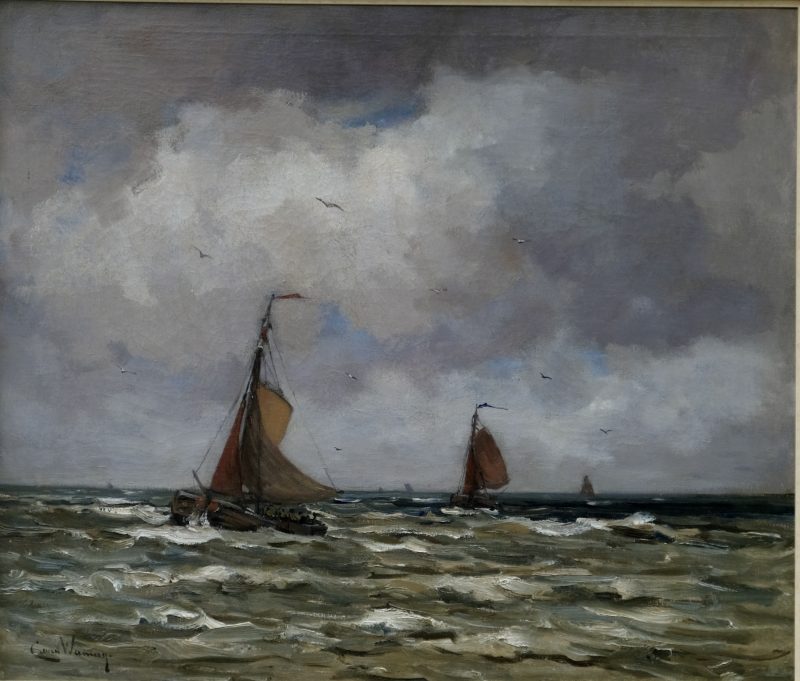 Cees van Waning 1861-1929 - Bomschuiten at the Dutch coast, Oil on canvas