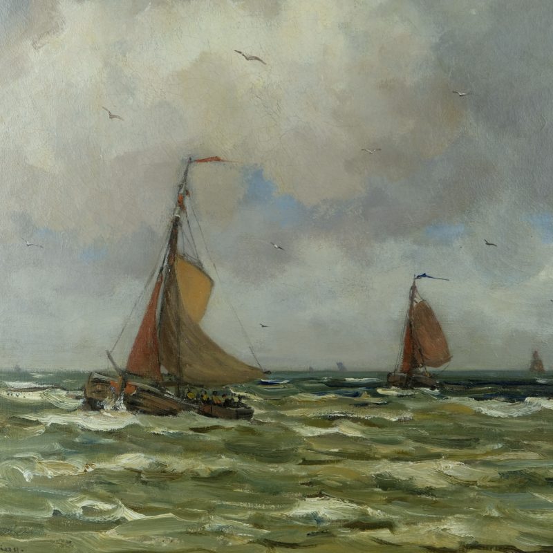 Cees van Waning 1861-1929 - Bomschuiten at the Dutch coast, Oil on canvas