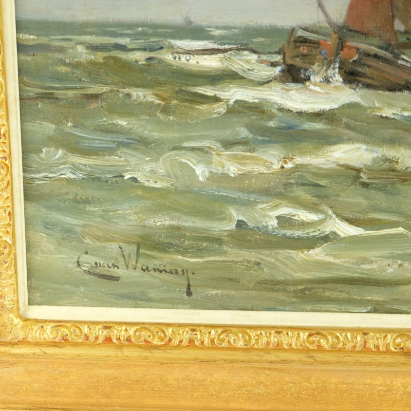 Cees van Waning 1861-1929 - Bomschuiten at the Dutch coast, Oil on canvas - detail 1
