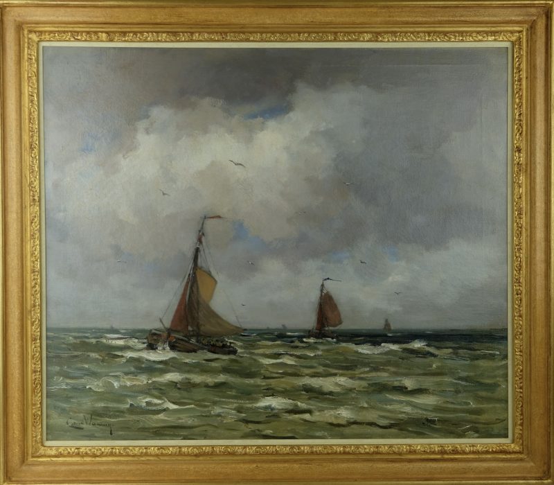 Cees van Waning 1861-1929 - Bomschuiten at the Dutch coast, Oil on canvas - detail 2