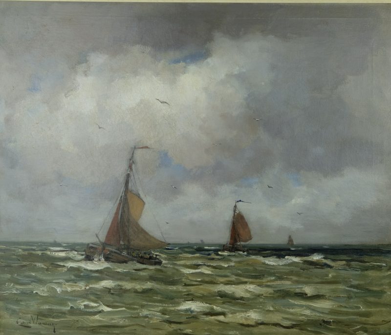 Cees van Waning 1861-1929 - Bomschuiten at the Dutch coast, Oil on canvas - detail 3