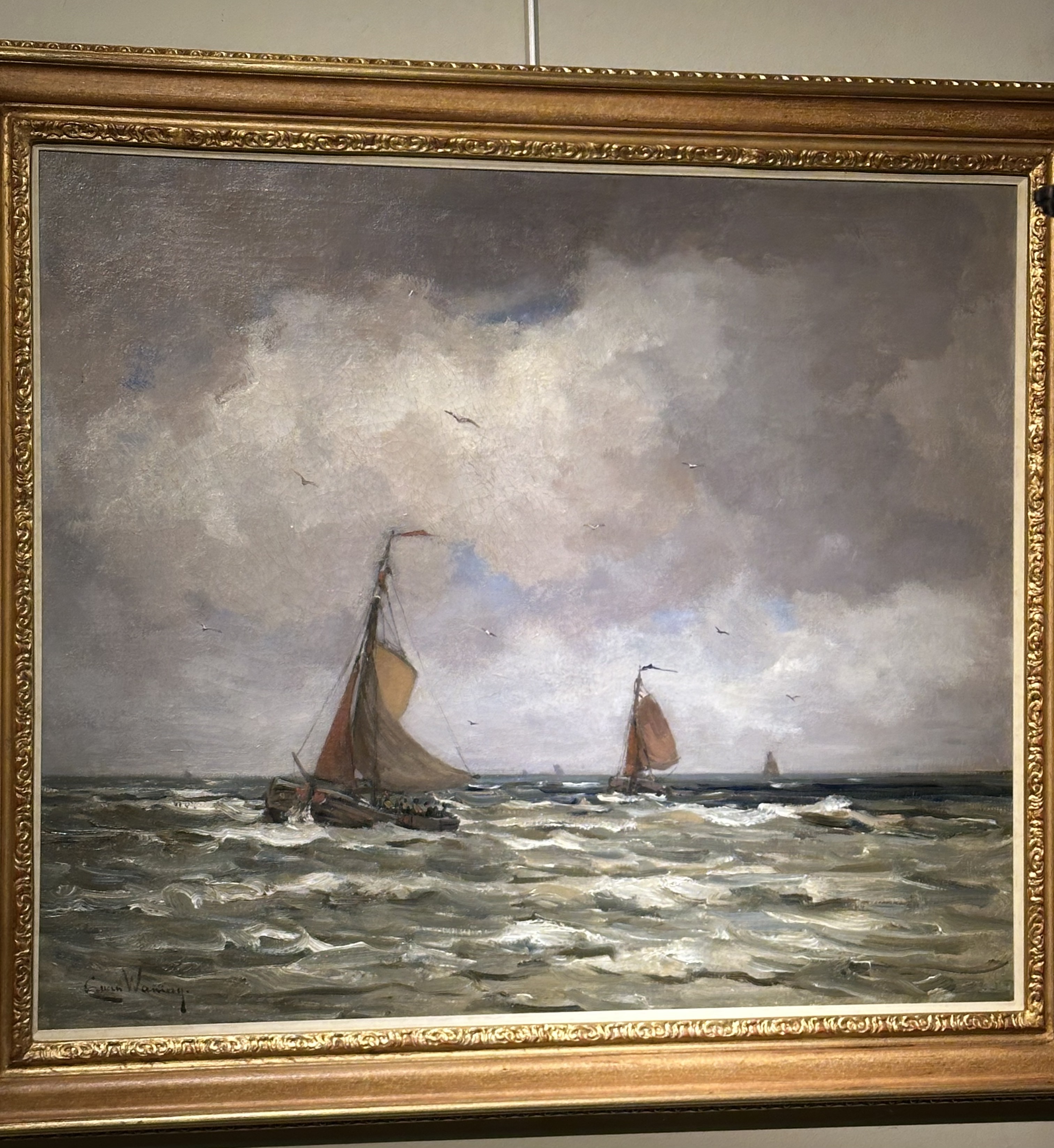 Cees van Waning 1861-1929  - Bomschuiten at the Dutch coast - Oil on canvas