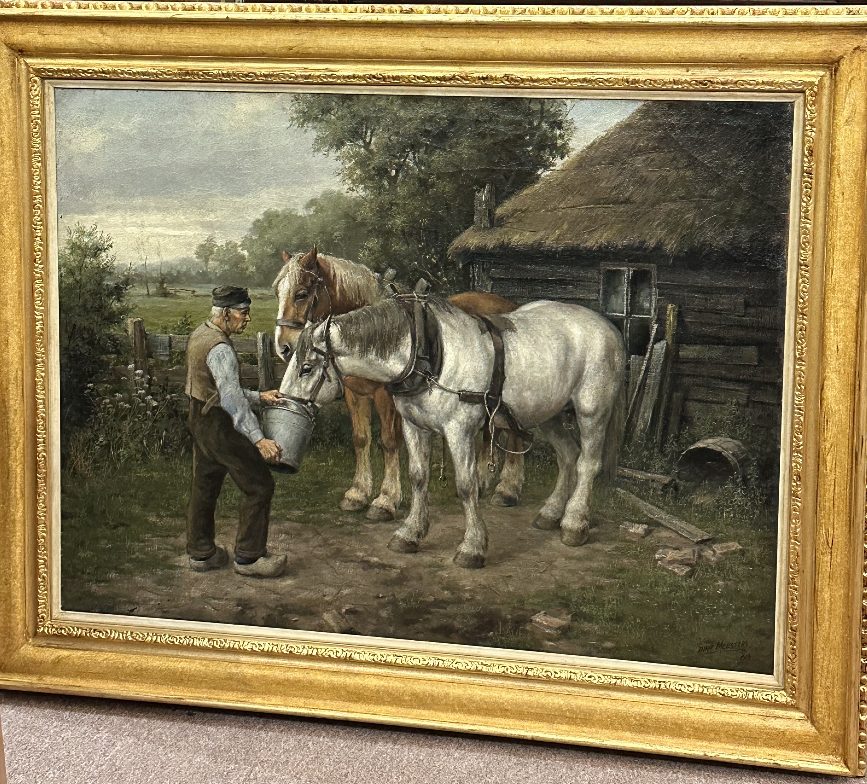 Dirk Meesters 1899-1950 - Feeding the horses in front of a stable - Oil on canvas