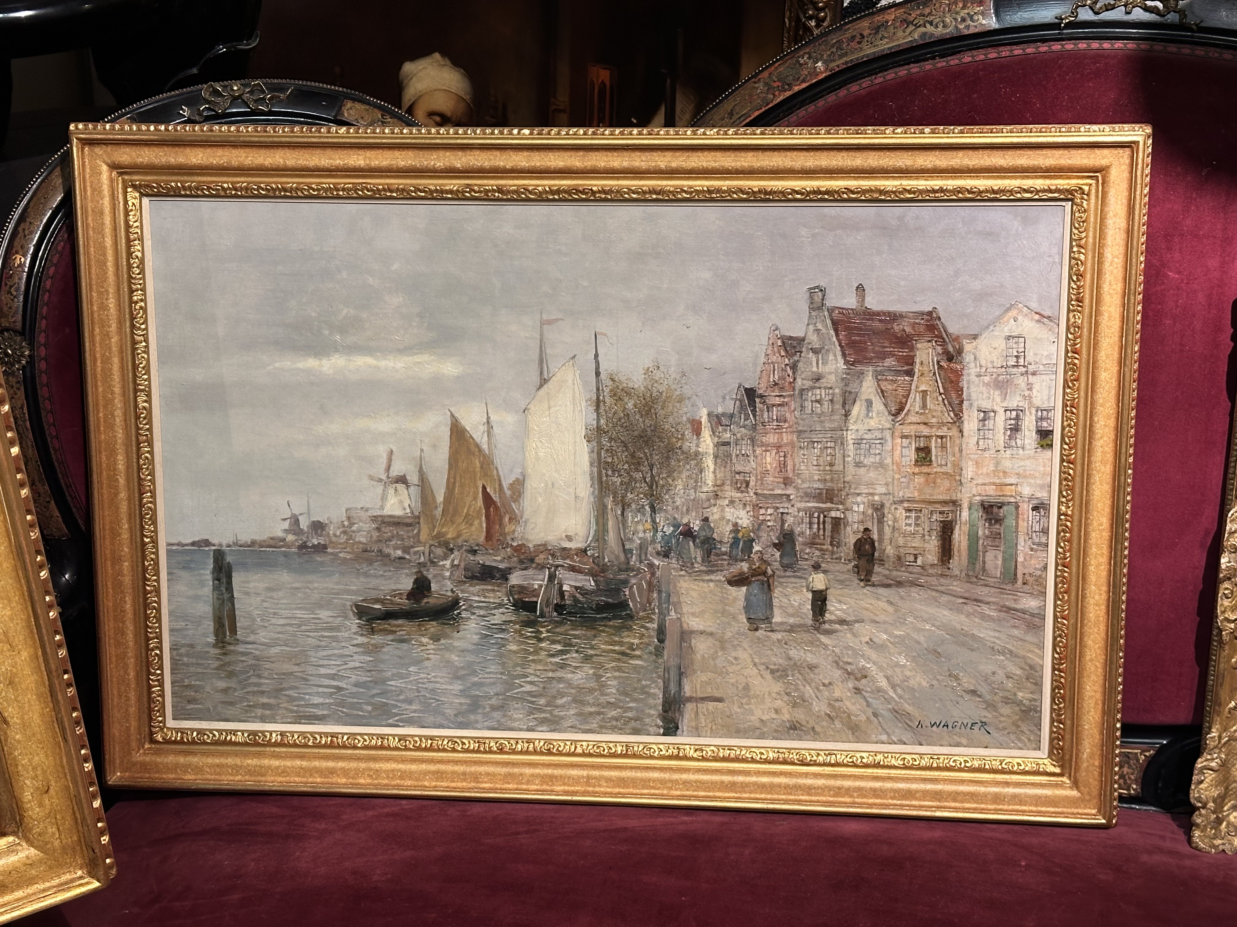 Karl Wagner 1839-1923 - Dutch fishing town with fishing ships. - oil on canvas