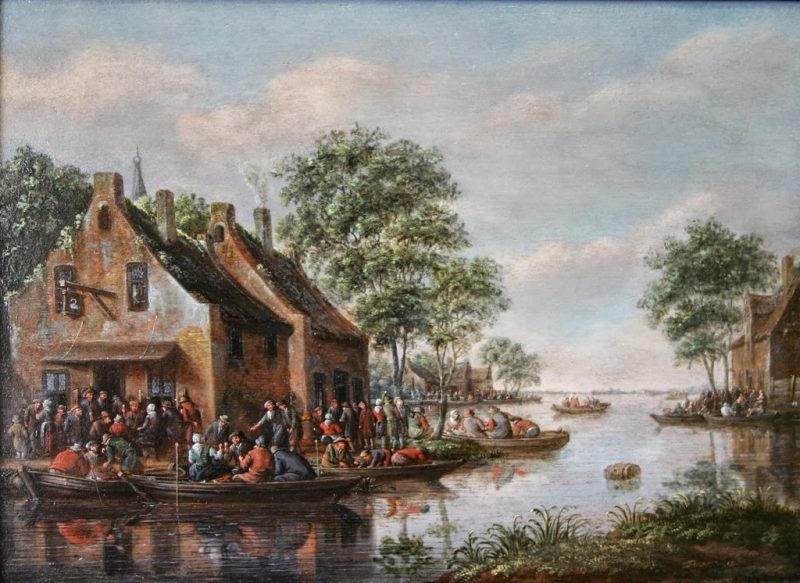 Thomas Heeremans 1641-1694 - Village river landscape with many figures, oil on panel