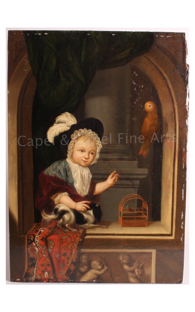 Abraham Toorenvliet 1685-1735 - A boy in a window with a parrot and dog - oil on panel