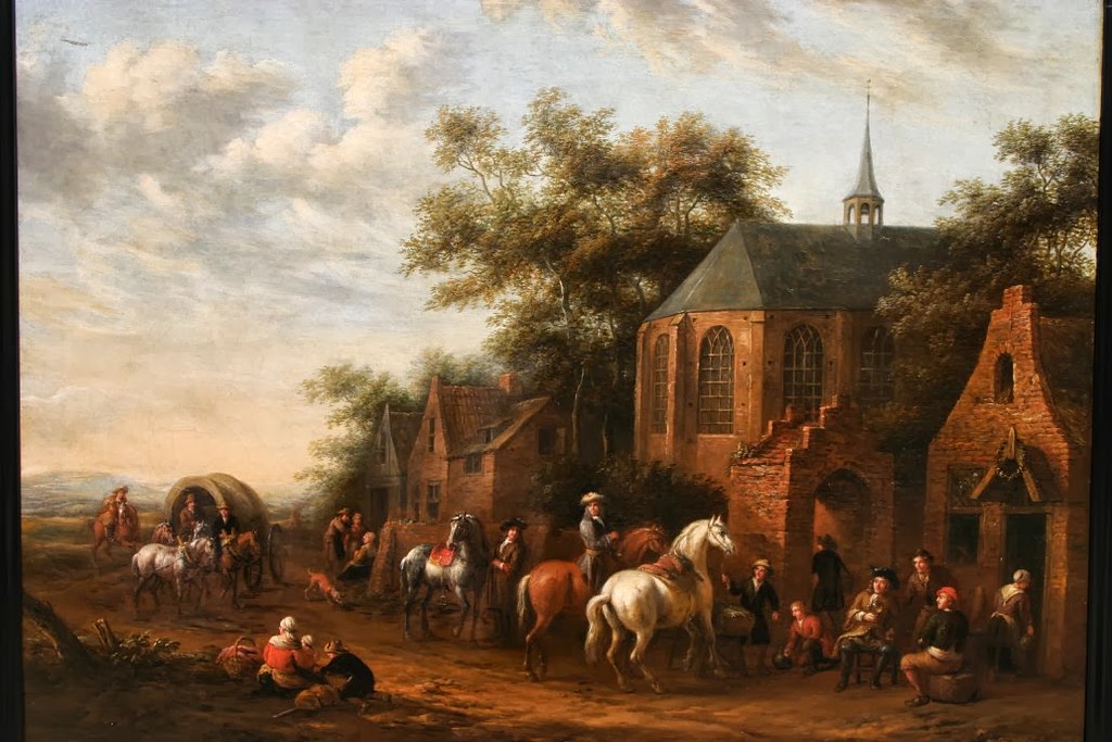 Barent Gael 1630-1681 - At The Country Inn with horses and many figures  - oil on canvas 