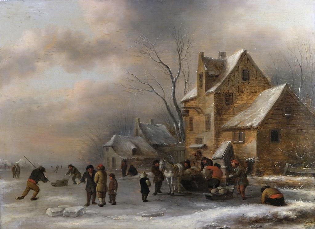 Klaes Molenaer 1626-1676 -  - winter landscape with horse and sledge and people skating
