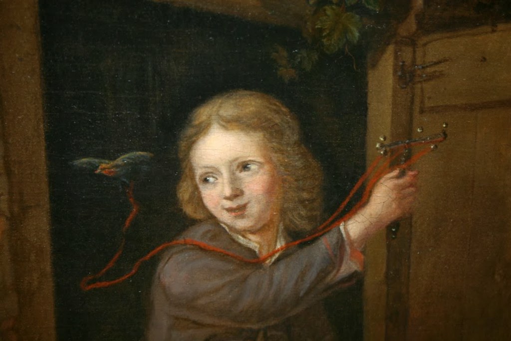 Arnold Houbraken 1660-1719 - A boy standing in a doorway holding  a finch on a string - Oil on canvas - Detail