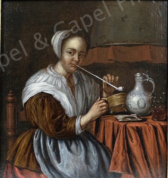 Edward Collier 1640-1708 - Interior with a woman smoking. - oil on panel - Detail