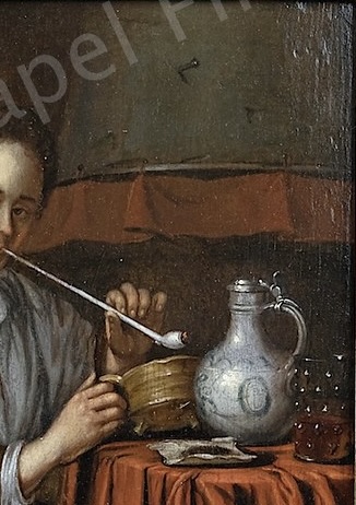Edward Collier 1640-1708 - Interior with a woman smoking. - oil on panel - Detail