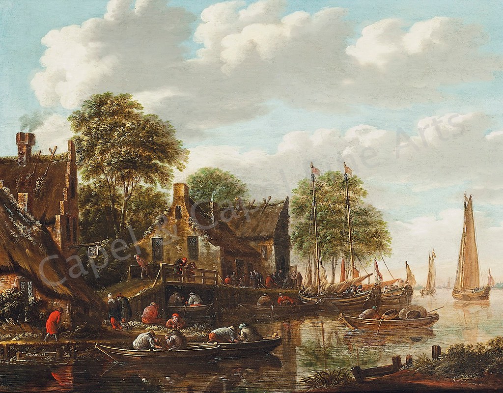 Thomas Heeremans 1641-1697 -  Village riverlandscape with boats and figures - oil on panel