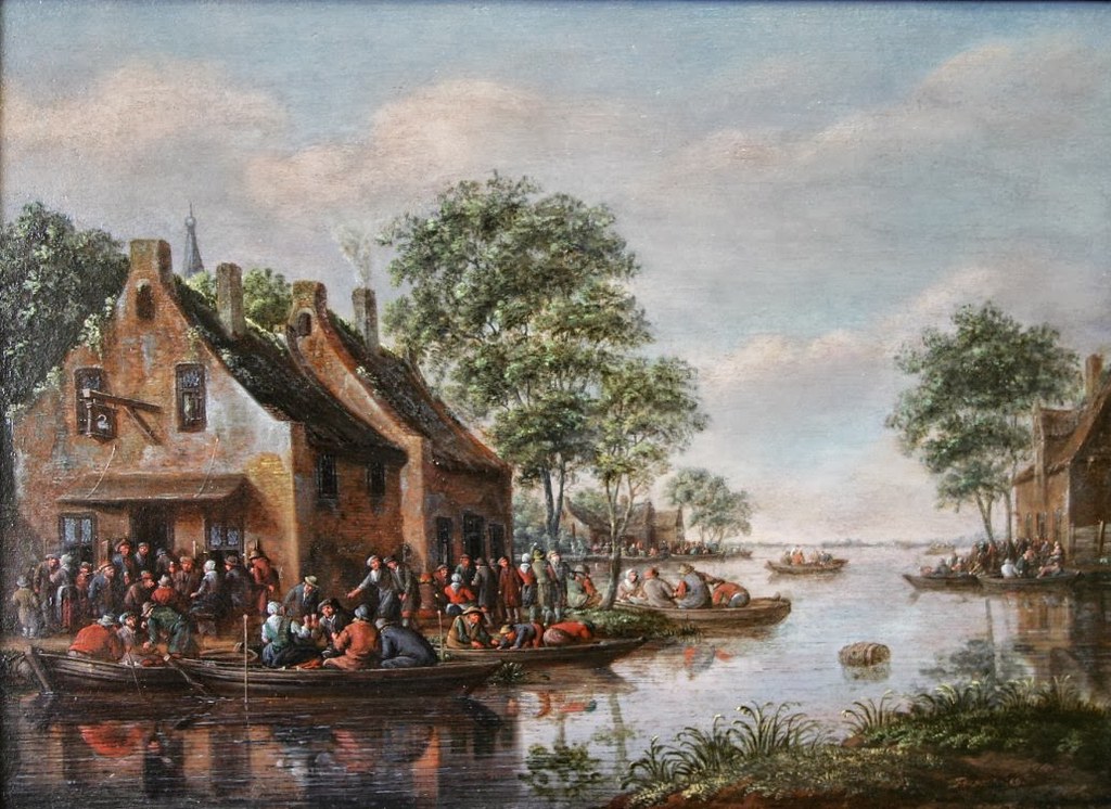 Thomas Heeremans 1641-1694 -  Village river landscape with many figures - oil on panel