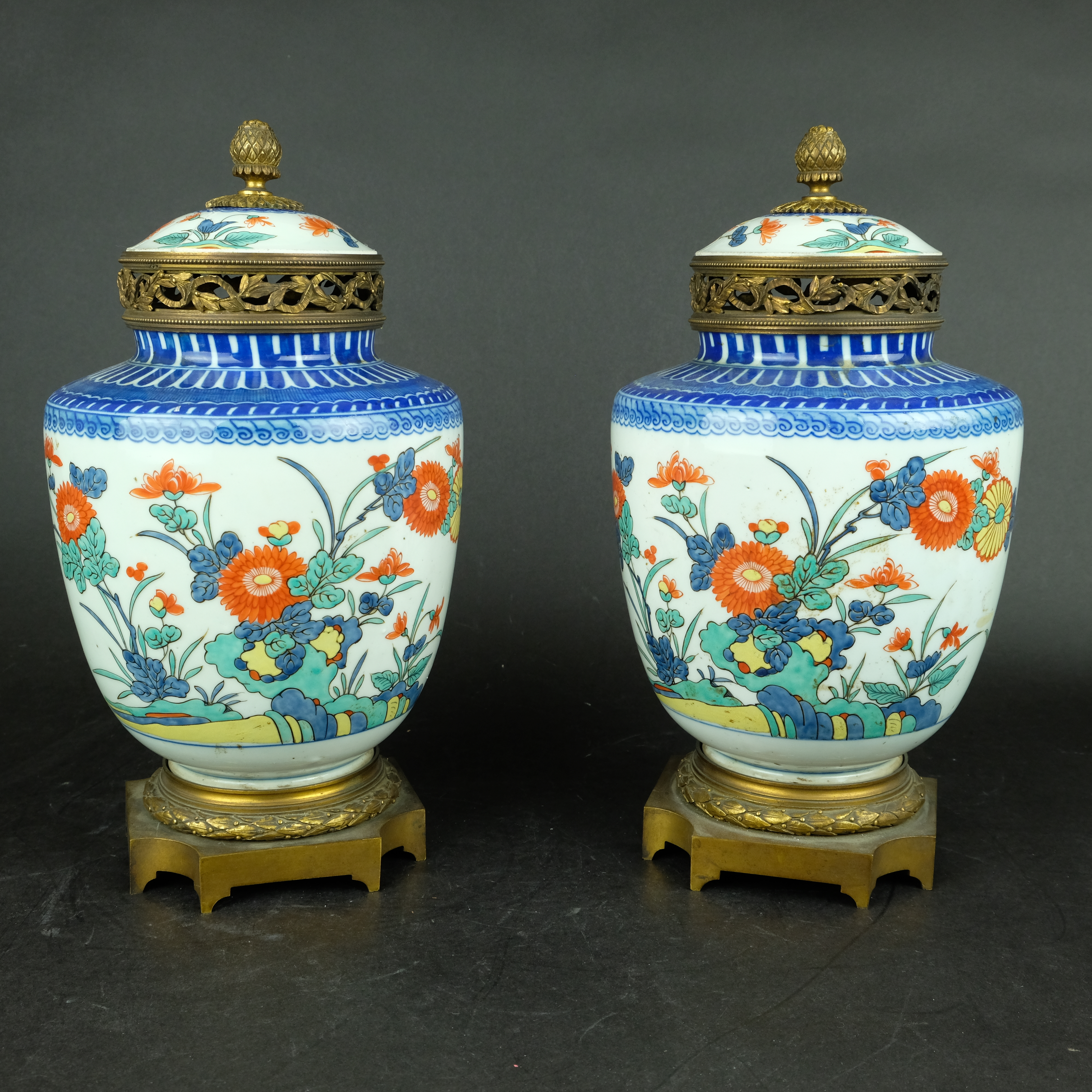 Pair continental mounted vases in japanese Kakiemon style