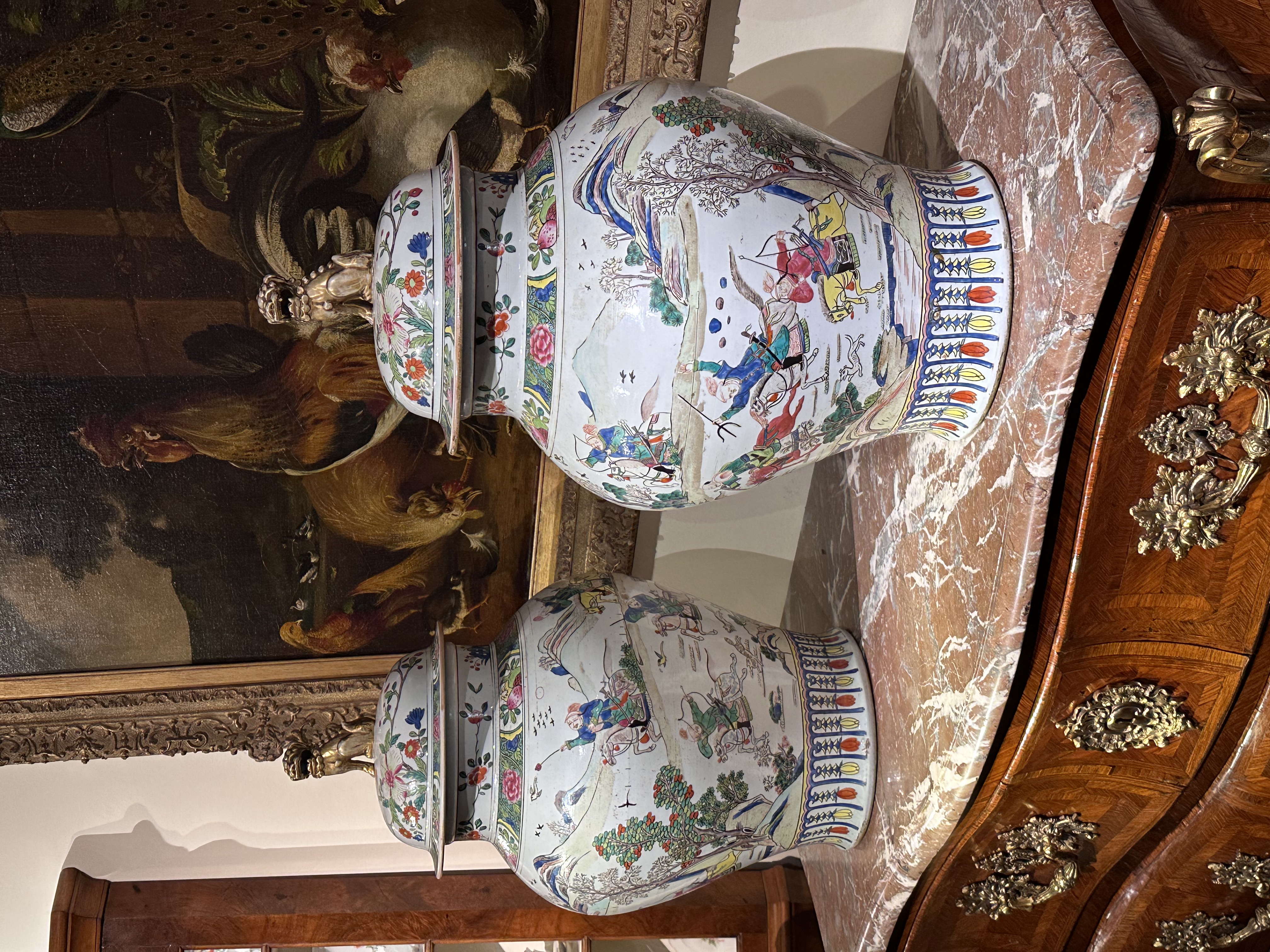 Large pair of famille verte jars and covers
