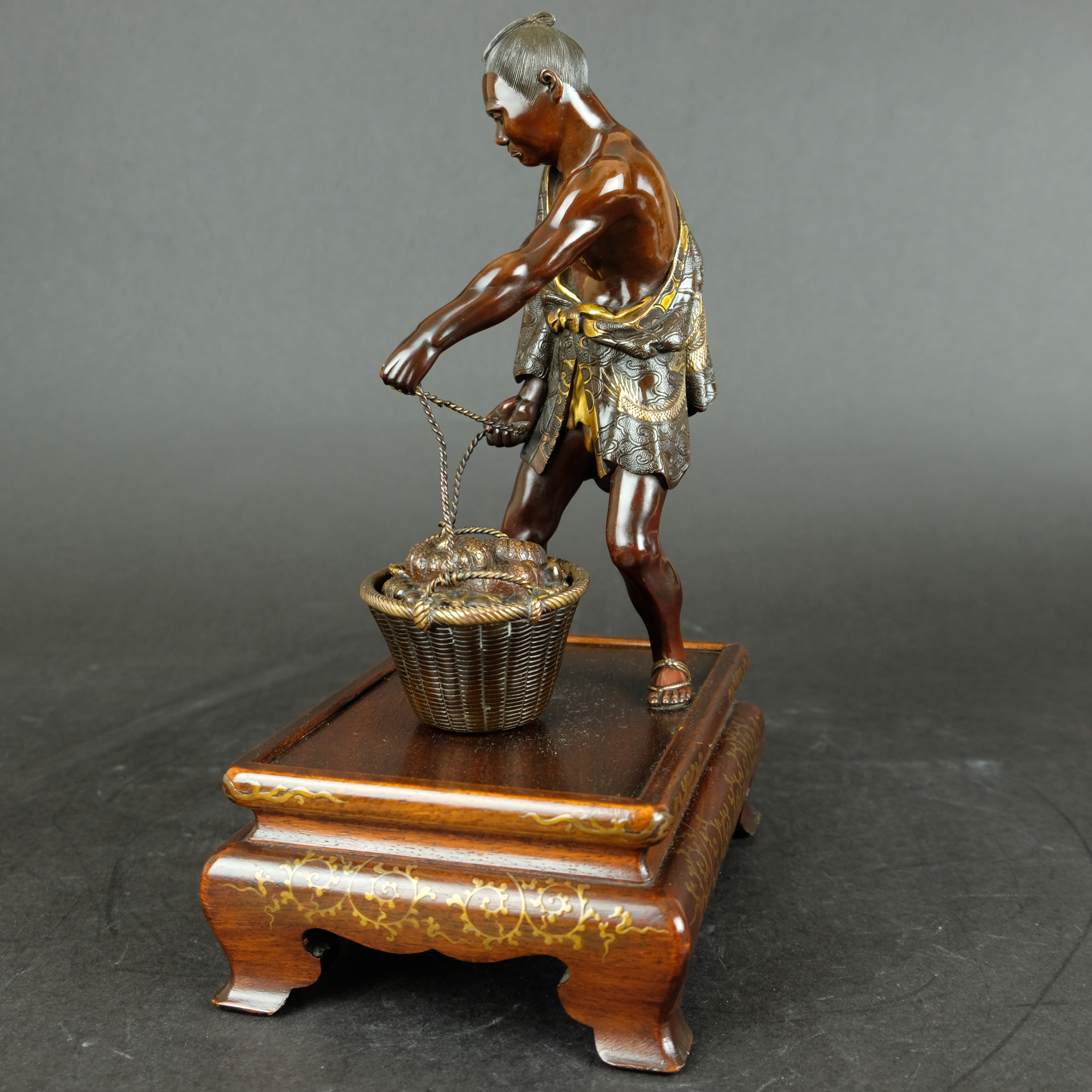 Miyao bronze figure of a vegetable salesman  - Detail