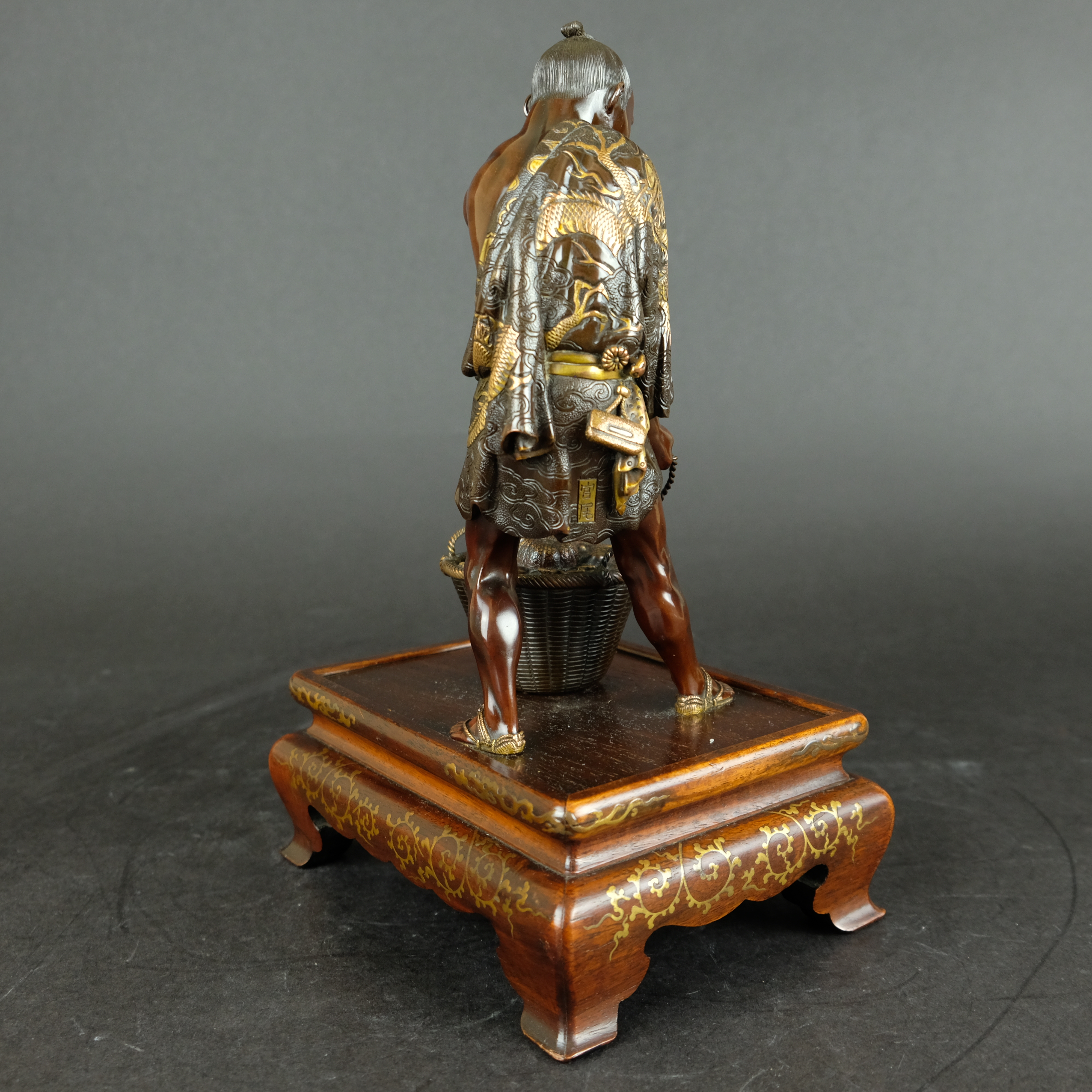 Miyao bronze figure of a vegetable salesman  - Detail